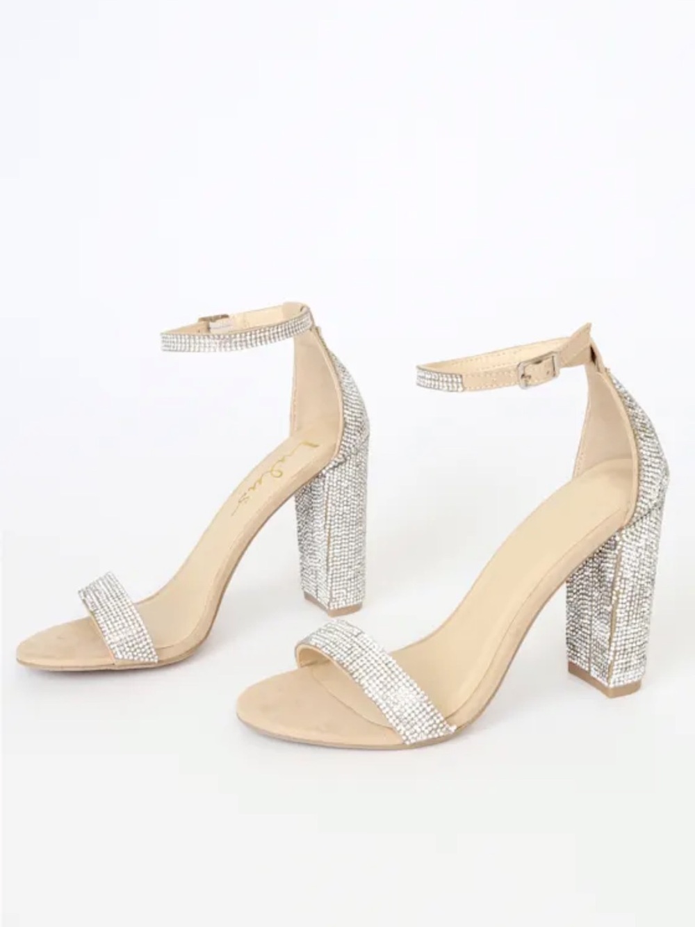 New in box Lulus Harper rhinestone Silver Crystal Block Heel Ankle heel size 7